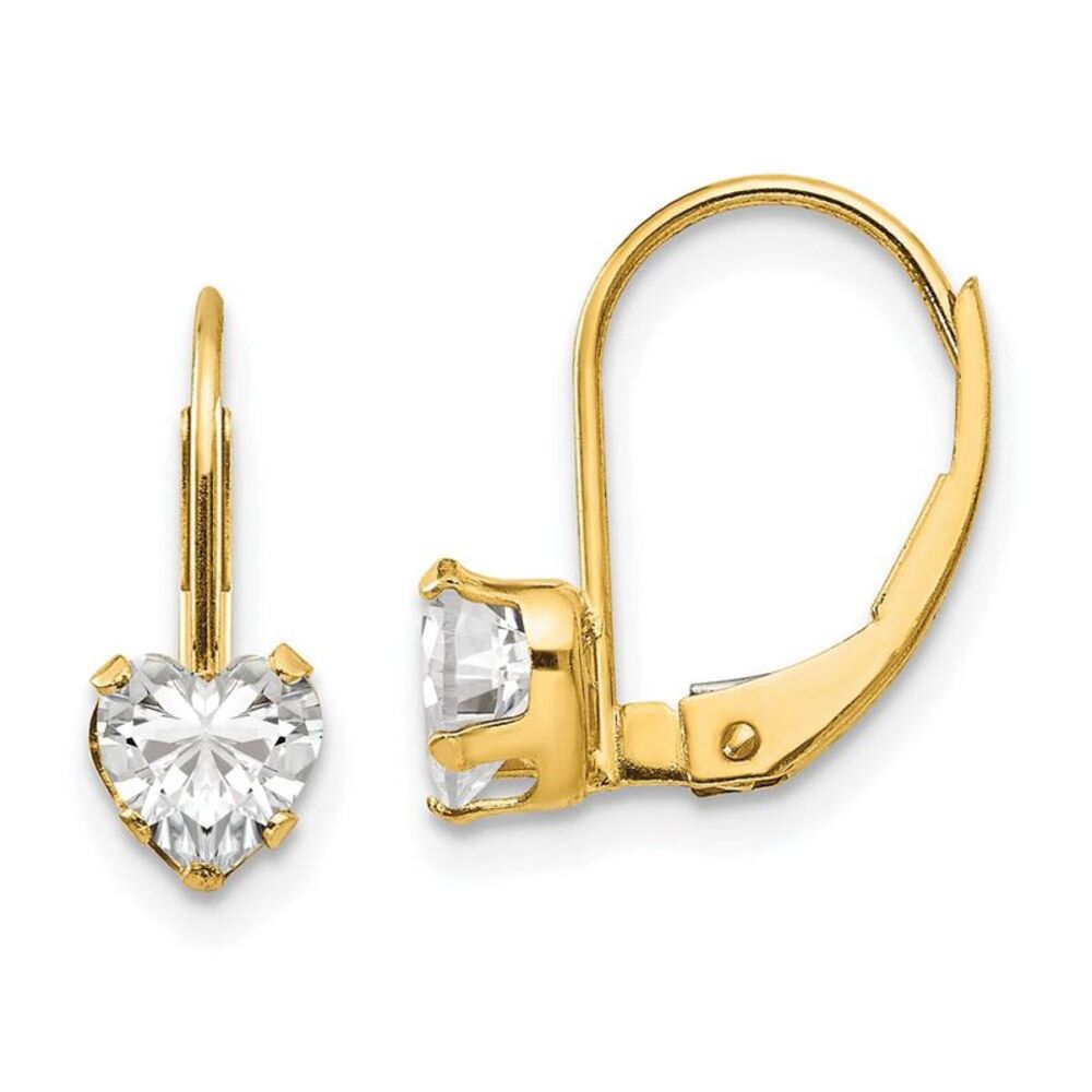 Kids 14k Yellow Gold & Clear CZ 5mm Heart Shaped Lever Back Earrings
